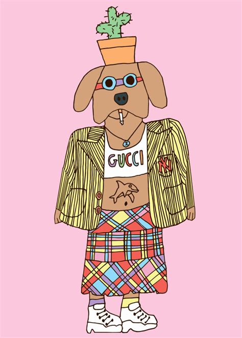 ad cartoon dog spraying champagne gucci|Gucci dog accessories.